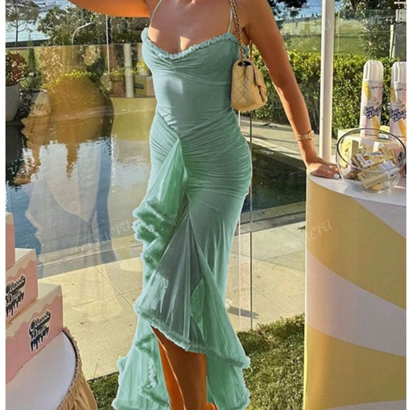 Seafood Green Ruched Stretchy Wrap Maxi Dress - Picture 3 of 3